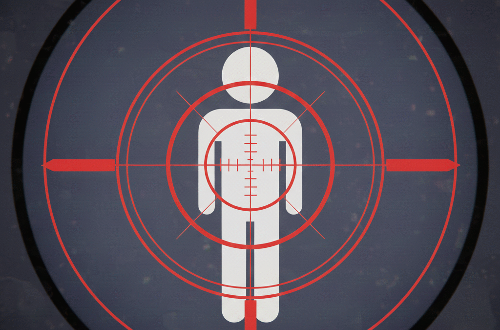 Ein fadenkreuz das auf eine stilisierte Person zielt mit der Überschrift facebook