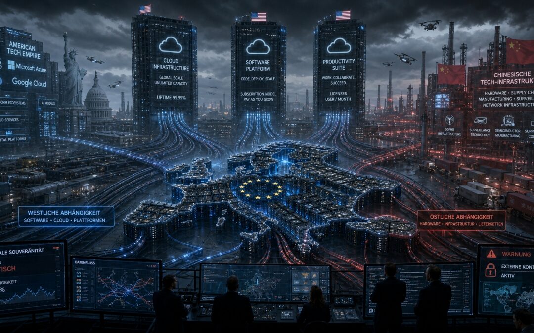 Ein KI Bild das Europa als hochmodernes Server-Rack mit Kontrollraum zeigt, technisch souverän wirkend, aber sichtbar über dicke Daten und Stromkabel an drei übergroße US Tech Türme angeschlossen eine Symbolik von digitaler Abhängigkeit Cloud Software Lizenzen und Infrastrukturkontrolle
